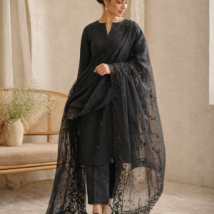 black lawn embroidered dupatta – elegant sheer thread work