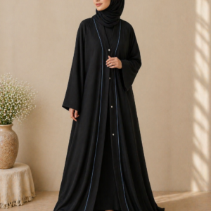 piped luxury black abaya – front open style