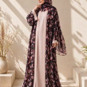 floral chiffon 3 piece abaya set – pink inner & matching scarf