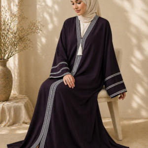 dark purple striped abaya – elegant tassel detail